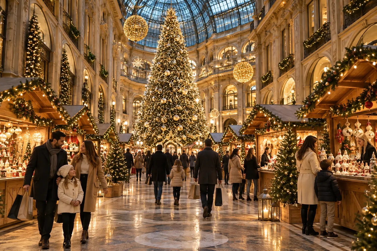 Mercatino di Natale elegante organizzato in una piazza italiana