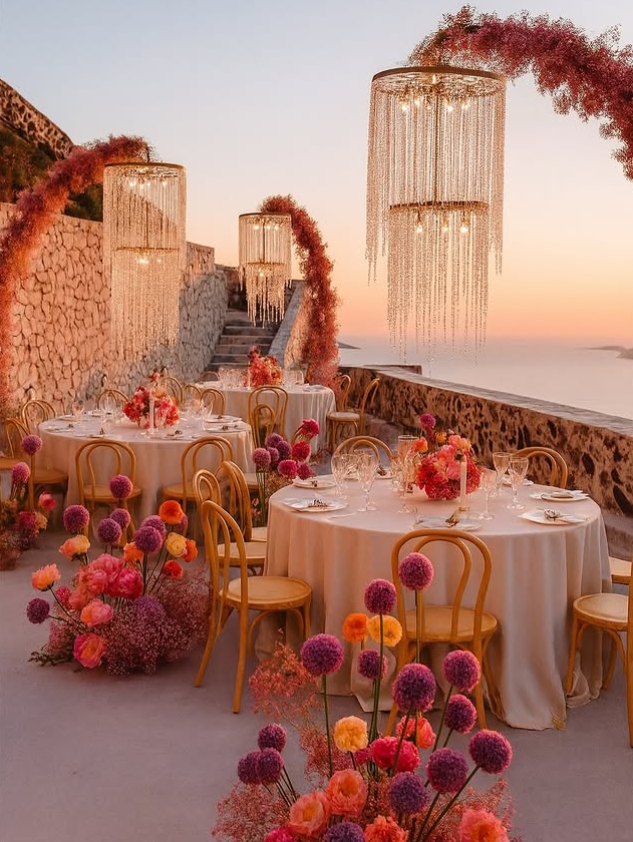 Ricevimento di matrimonio elegante sul lago al tramonto
