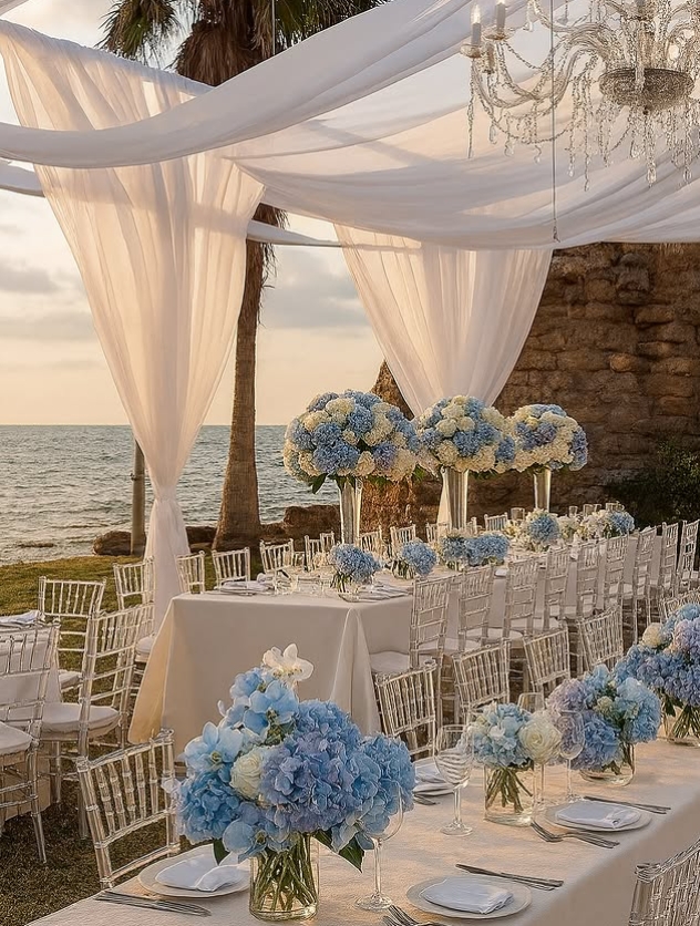 Tavola di matrimonio elegante con ortensie e mise en place curata